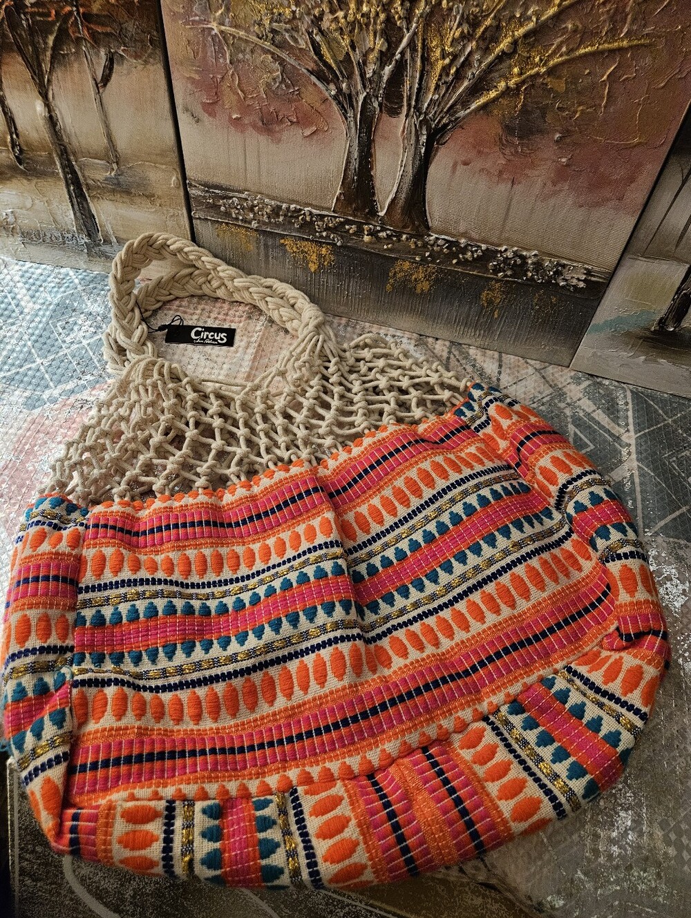 Circus by Sam Edelman Cream Macramé Tote with Orange, Pink & Teal Stripes